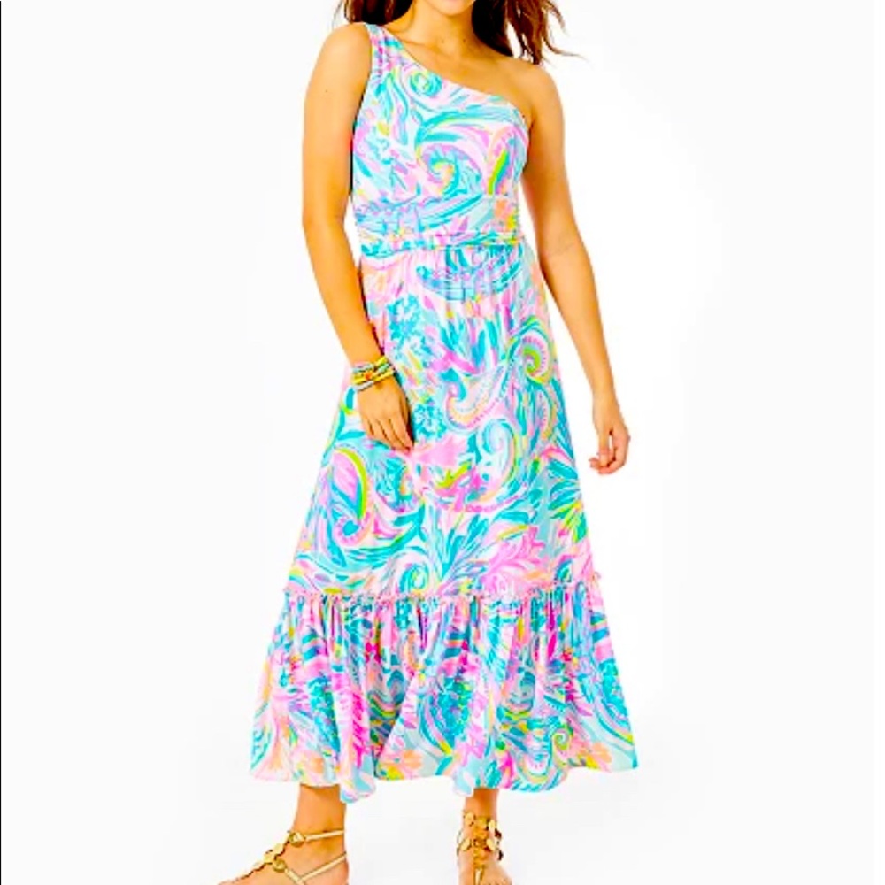 Lilly Pulitzer midi one-shouldered Mooney dress in multi carnivale coral, large